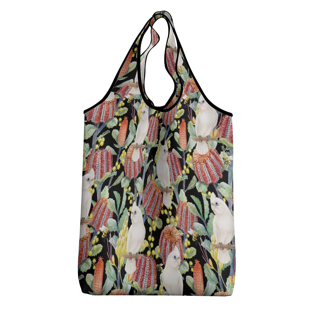 Little Corella Australia Cockatoo Grocery Bag Cacatua Sanguinea Banksia Seamless Black - Aussie Hoodie