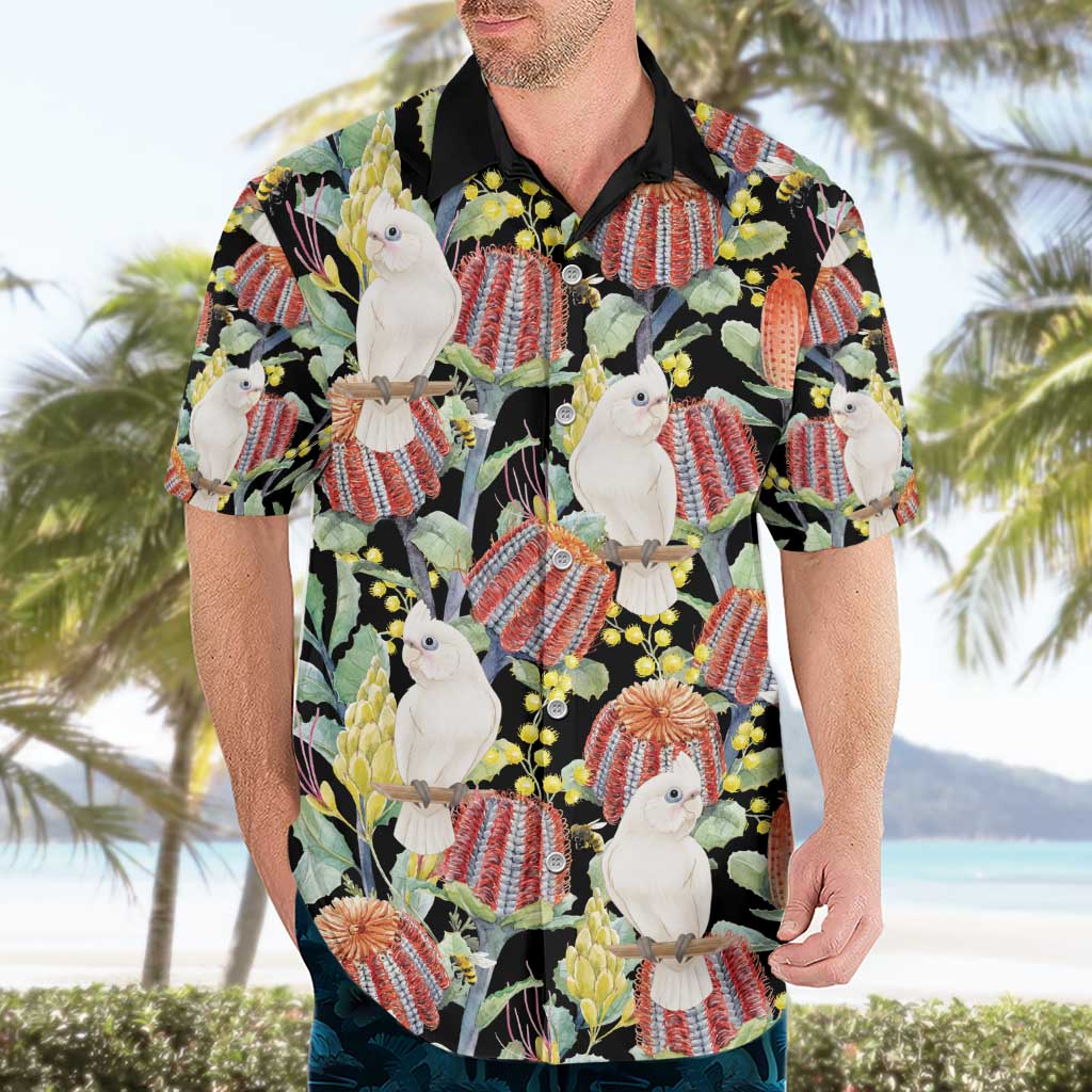 Little Corella Australia Cockatoo Hawaiian Shirt Cacatua Sanguinea Banksia Seamless Black - Aussie Hoodie
