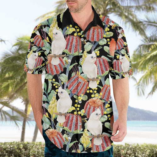 Little Corella Australia Cockatoo Hawaiian Shirt Cacatua Sanguinea Banksia Seamless Black - Aussie Hoodie