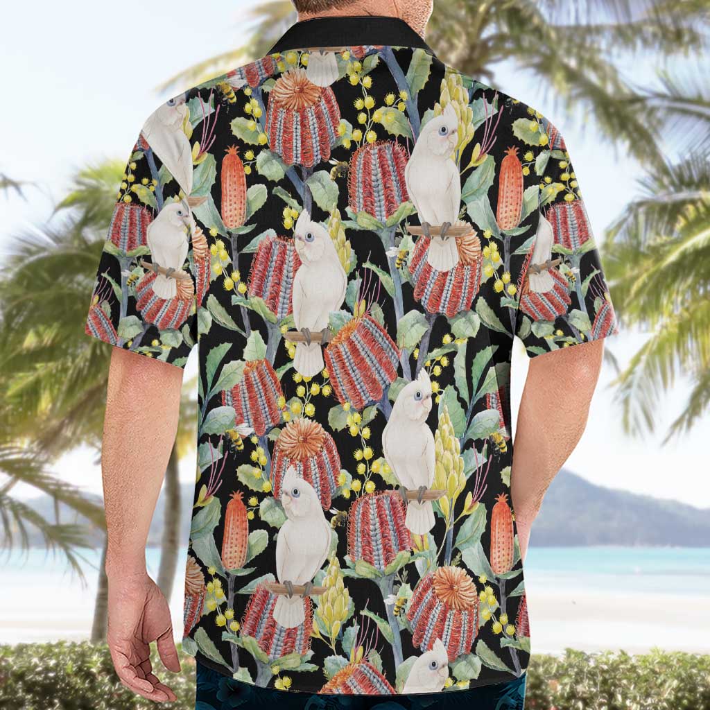 Little Corella Australia Cockatoo Hawaiian Shirt Cacatua Sanguinea Banksia Seamless Black - Aussie Hoodie