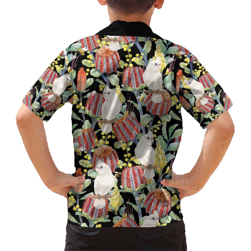 Little Corella Australia Cockatoo Hawaiian Shirt Cacatua Sanguinea Banksia Seamless Black - Aussie Hoodie