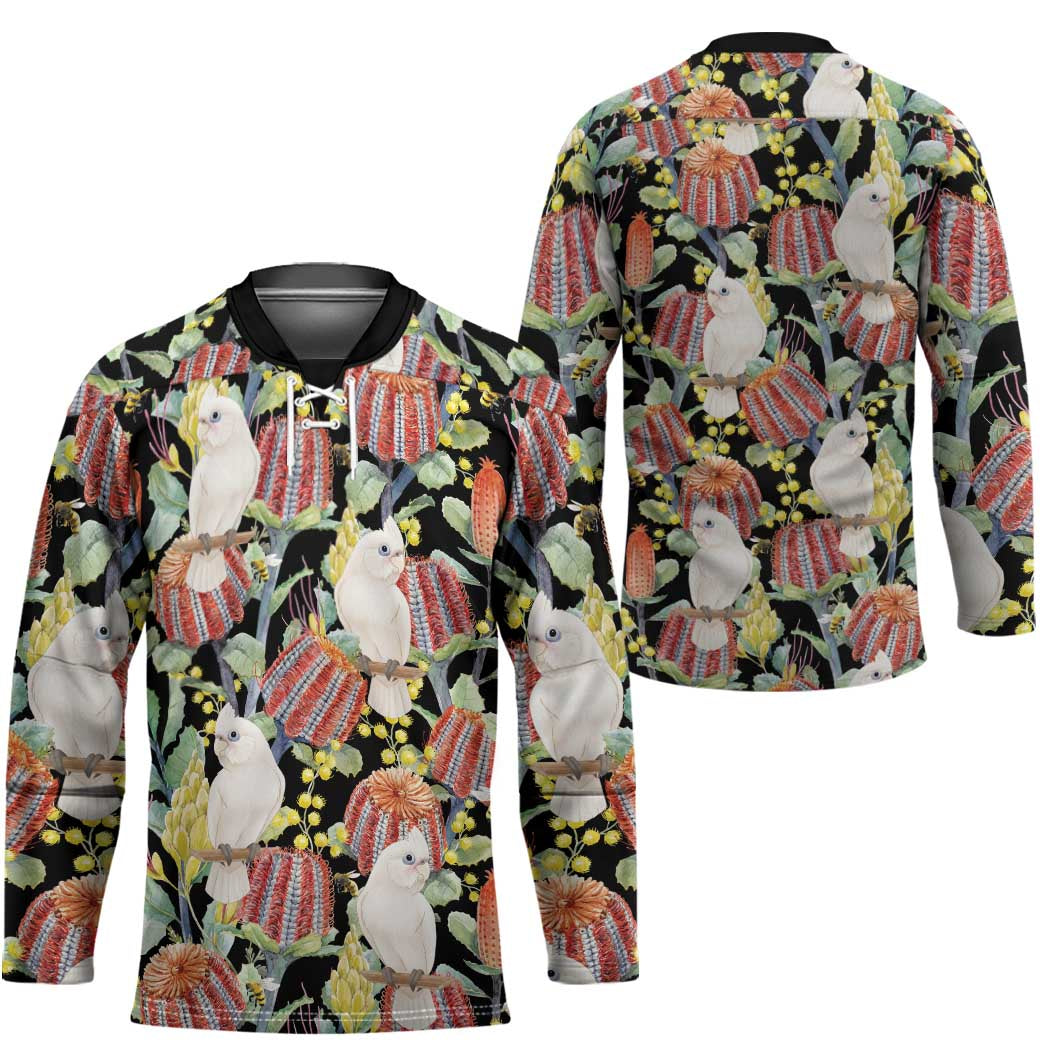 Little Corella Australia Cockatoo Hockey Jersey Cacatua Sanguinea Banksia Seamless Black - Aussie Hoodie