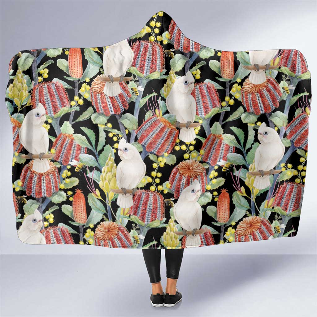 Little Corella Australia Cockatoo Hooded Blanket Cacatua Sanguinea Banksia Seamless Black - Aussie Hoodie