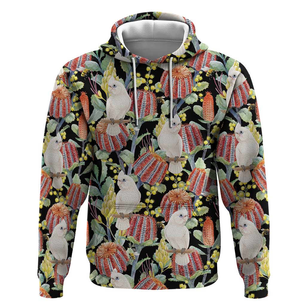Little Corella Australia Cockatoo Hoodie Cacatua Sanguinea Banksia Seamless Black - Aussie Hoodie