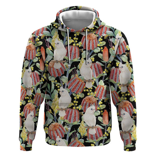 Little Corella Australia Cockatoo Hoodie Cacatua Sanguinea Banksia Seamless Black - Aussie Hoodie