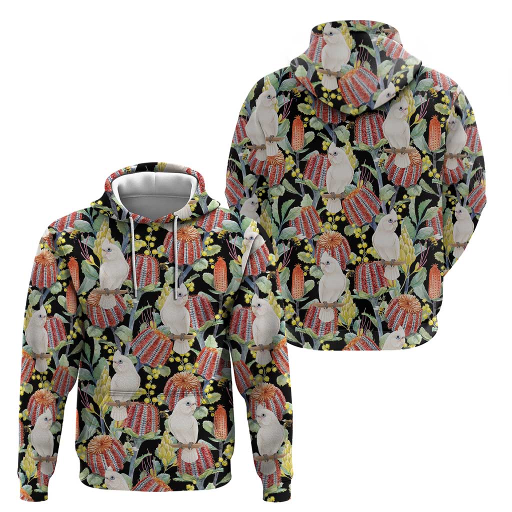 Little Corella Australia Cockatoo Hoodie Cacatua Sanguinea Banksia Seamless Black - Aussie Hoodie