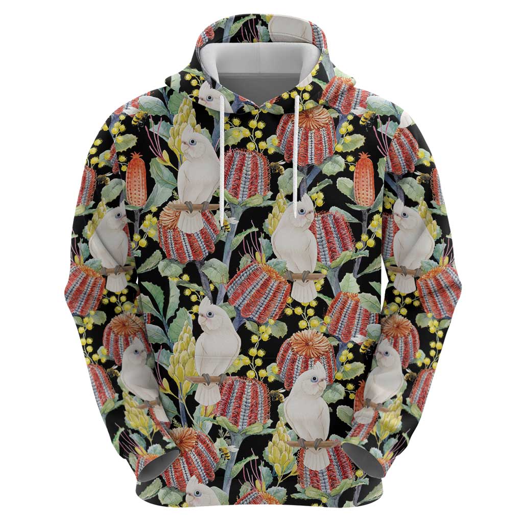 Little Corella Australia Cockatoo Hoodie Cacatua Sanguinea Banksia Seamless Black - Aussie Hoodie