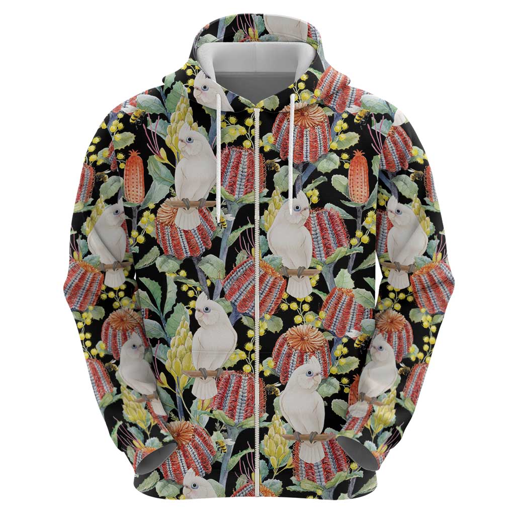 Little Corella Australia Cockatoo Hoodie Cacatua Sanguinea Banksia Seamless Black - Aussie Hoodie