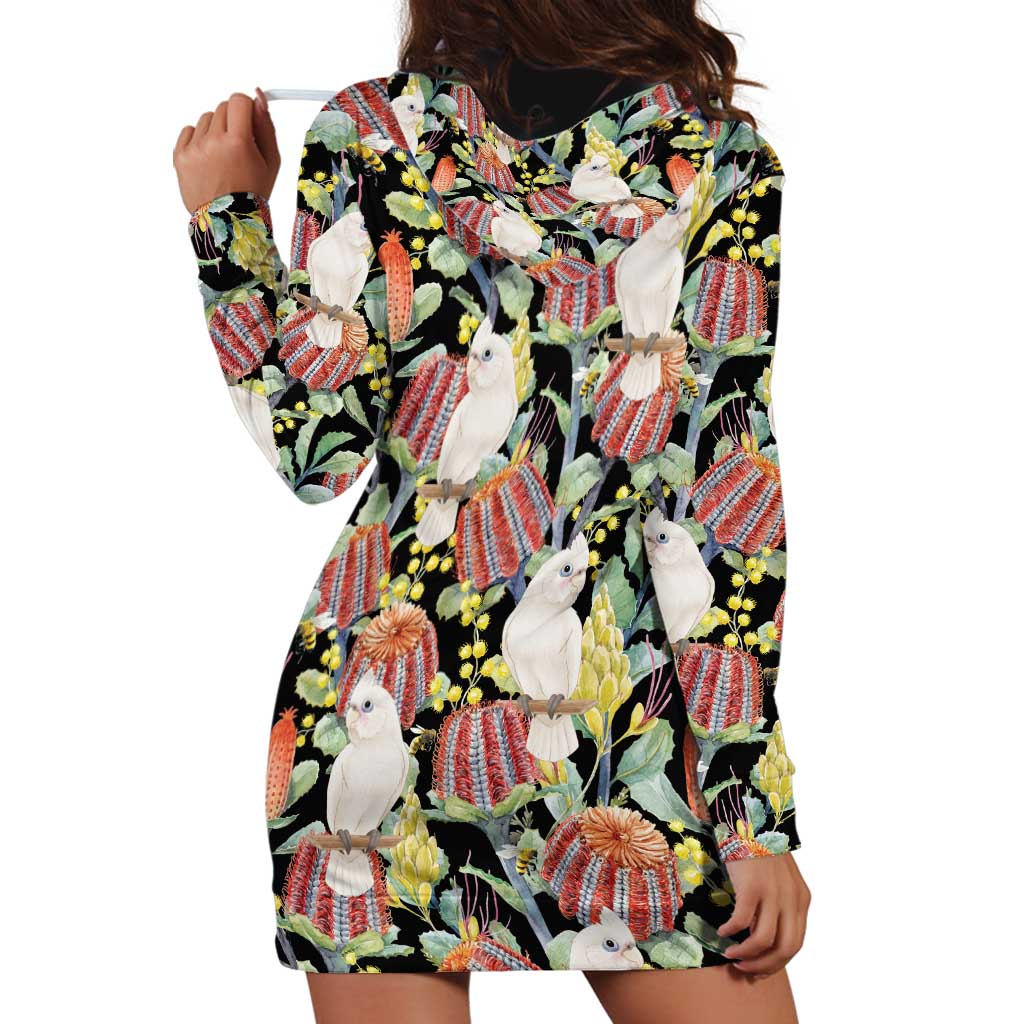 Little Corella Australia Cockatoo Hoodie Dress Cacatua Sanguinea Banksia Seamless Black - Aussie Hoodie