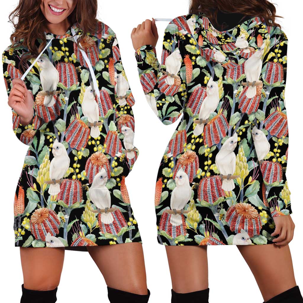Little Corella Australia Cockatoo Hoodie Dress Cacatua Sanguinea Banksia Seamless Black - Aussie Hoodie