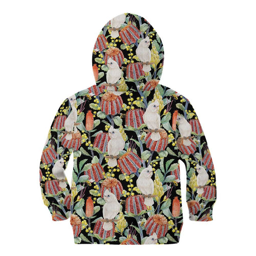 Little Corella Australia Cockatoo Kid Hoodie Cacatua Sanguinea Banksia Seamless Black - Aussie Hoodie