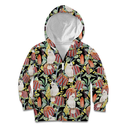 Little Corella Australia Cockatoo Kid Hoodie Cacatua Sanguinea Banksia Seamless Black - Aussie Hoodie