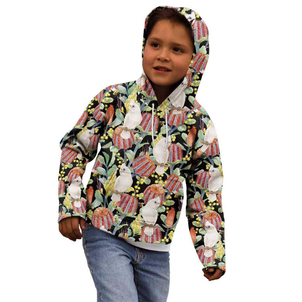 Little Corella Australia Cockatoo Kid Hoodie Cacatua Sanguinea Banksia Seamless Black - Aussie Hoodie