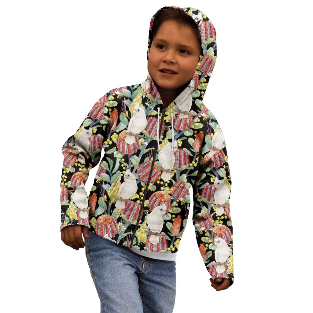 Little Corella Australia Cockatoo Kid Hoodie Cacatua Sanguinea Banksia Seamless Black - Aussie Hoodie