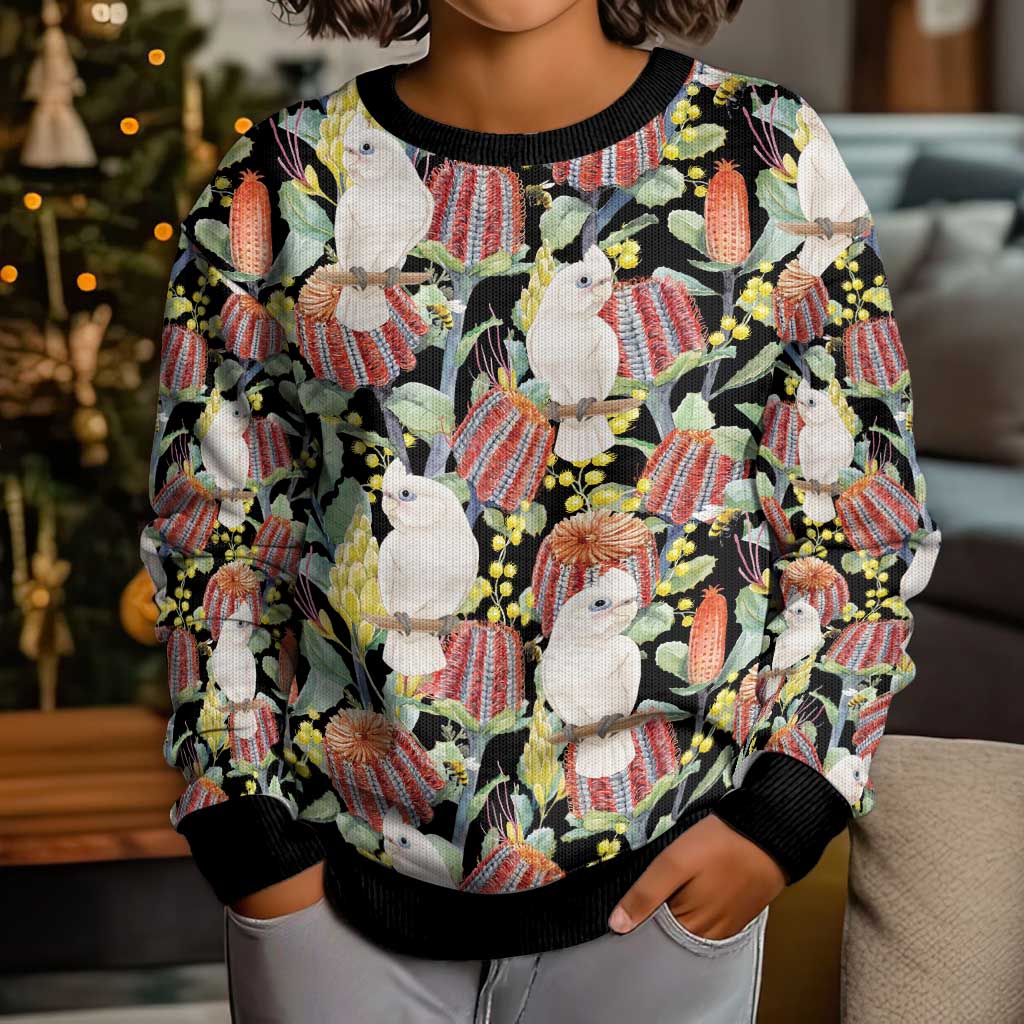 Little Corella Australia Cockatoo Kid Ugly Christmas Sweater Cacatua Sanguinea Banksia Seamless Black - Aussie Hoodie