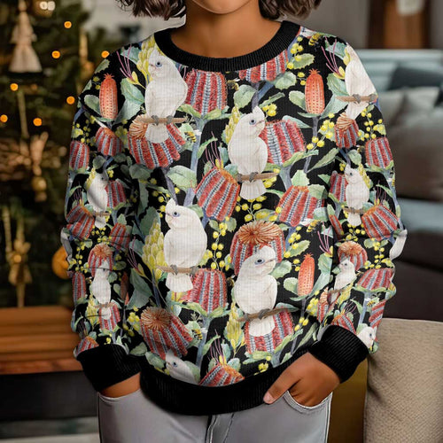 Little Corella Australia Cockatoo Kid Ugly Christmas Sweater Cacatua Sanguinea Banksia Seamless Black - Aussie Hoodie