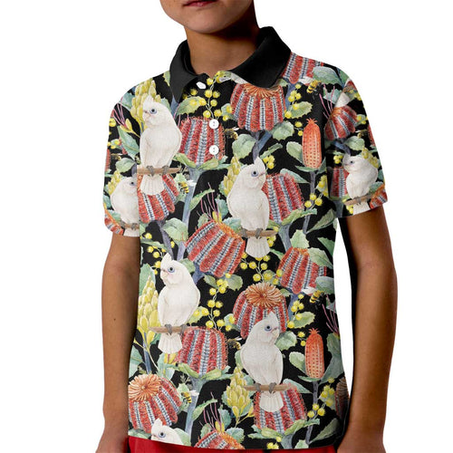 Little Corella Australia Cockatoo Kid Polo Shirt Cacatua Sanguinea Banksia Seamless Black - Aussie Hoodie