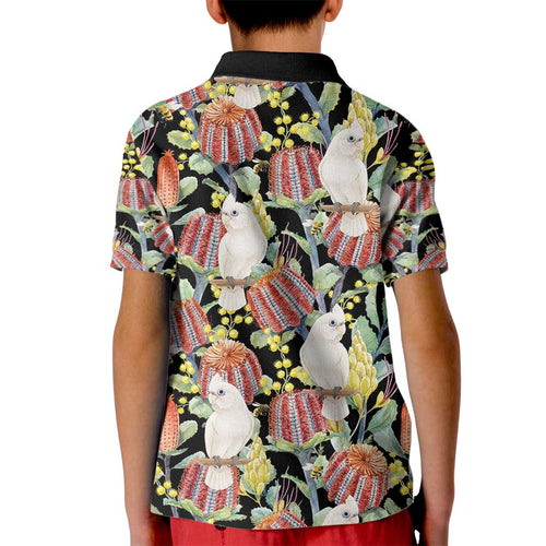 Little Corella Australia Cockatoo Kid Polo Shirt Cacatua Sanguinea Banksia Seamless Black - Aussie Hoodie