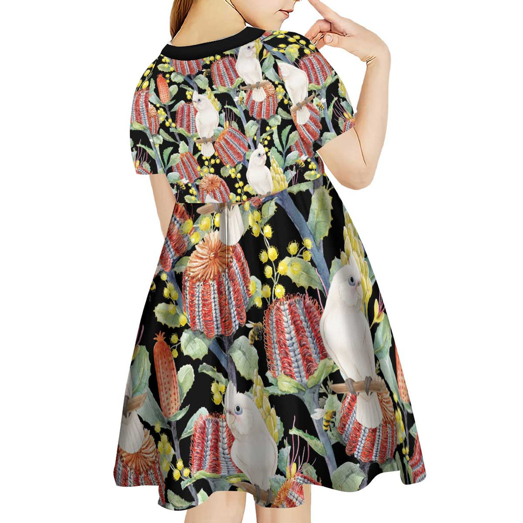 Little Corella Australia Cockatoo Kid Short Sleeve Dress Cacatua Sanguinea Banksia Seamless Black - Aussie Hoodie