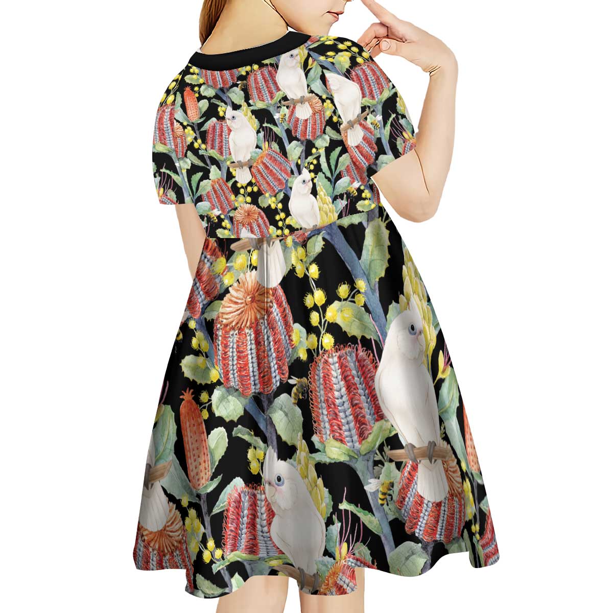 Little Corella Australia Cockatoo Kid Short Sleeve Dress Cacatua Sanguinea Banksia Seamless Black - Aussie Hoodie