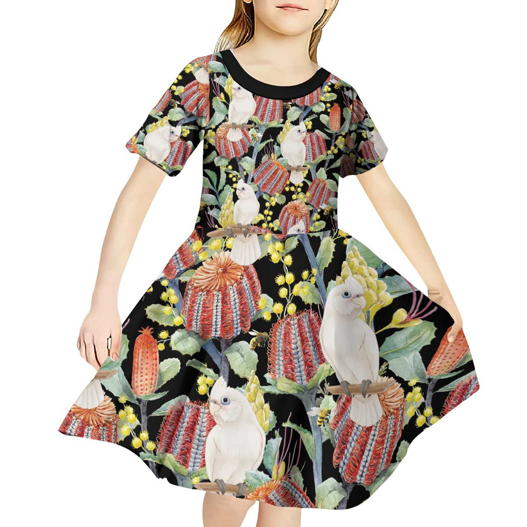 Little Corella Australia Cockatoo Kid Short Sleeve Dress Cacatua Sanguinea Banksia Seamless Black - Aussie Hoodie