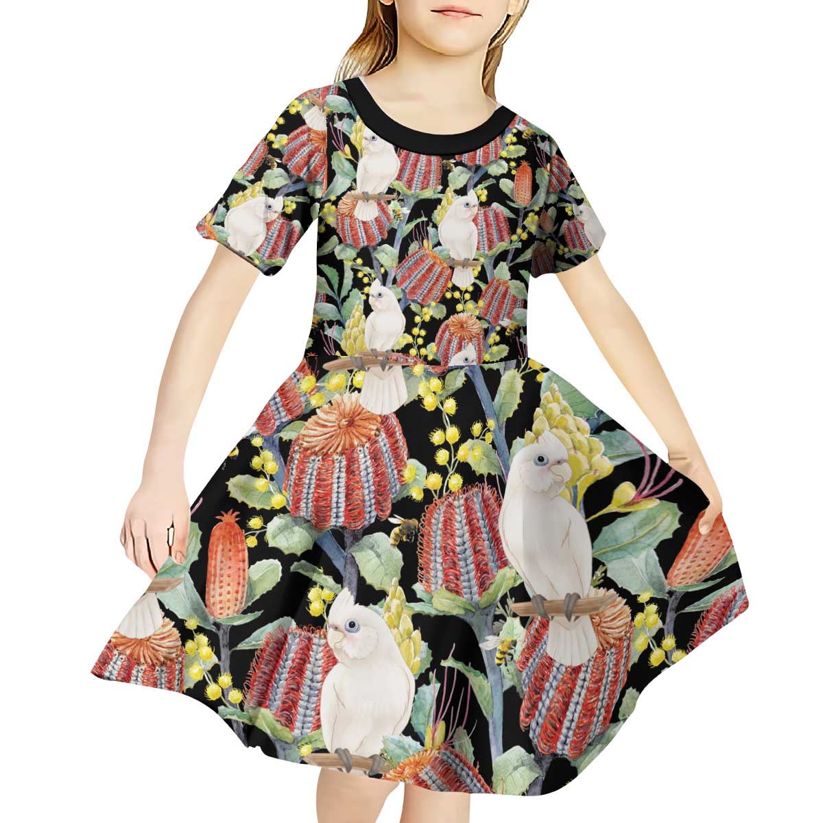 Little Corella Australia Cockatoo Kid Short Sleeve Dress Cacatua Sanguinea Banksia Seamless Black - Aussie Hoodie