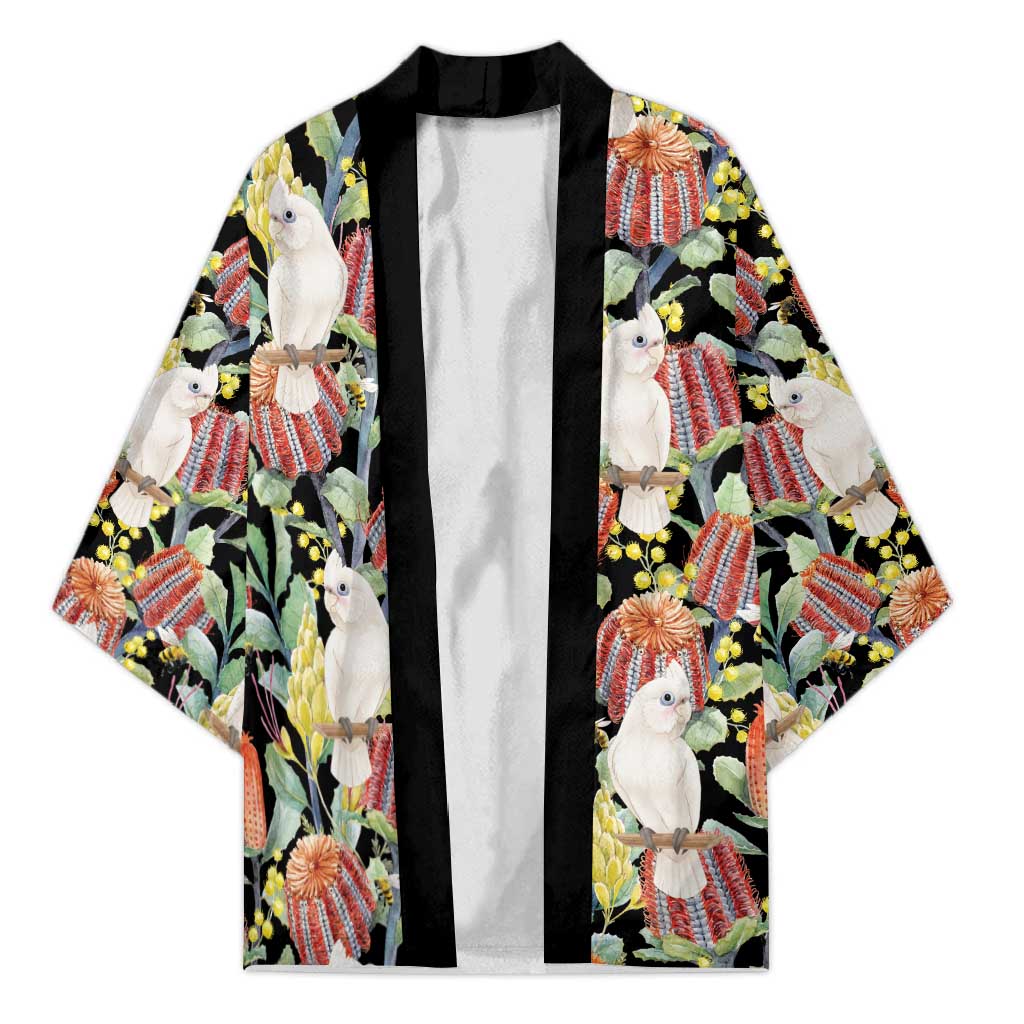 Little Corella Australia Cockatoo Kimono Cacatua Sanguinea Banksia Seamless Black - Aussie Hoodie