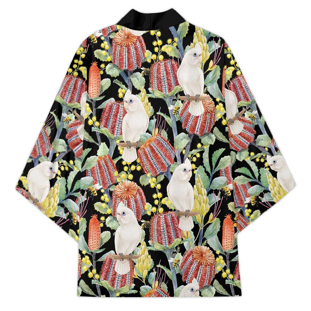 Little Corella Australia Cockatoo Kimono Cacatua Sanguinea Banksia Seamless Black - Aussie Hoodie