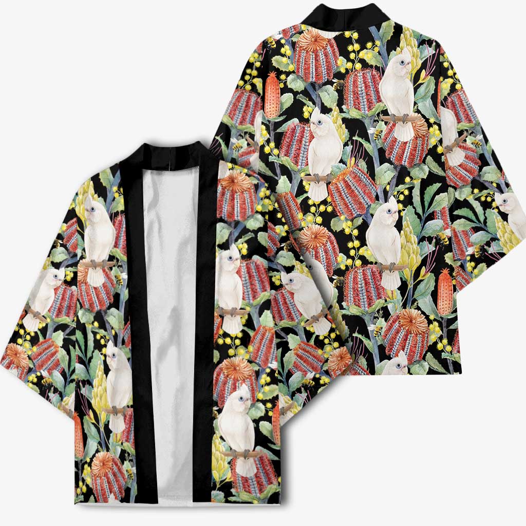Little Corella Australia Cockatoo Kimono Cacatua Sanguinea Banksia Seamless Black - Aussie Hoodie
