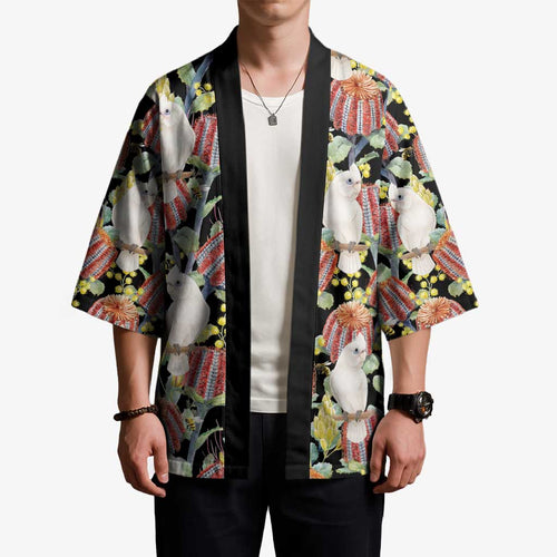 Little Corella Australia Cockatoo Kimono Cacatua Sanguinea Banksia Seamless Black - Aussie Hoodie