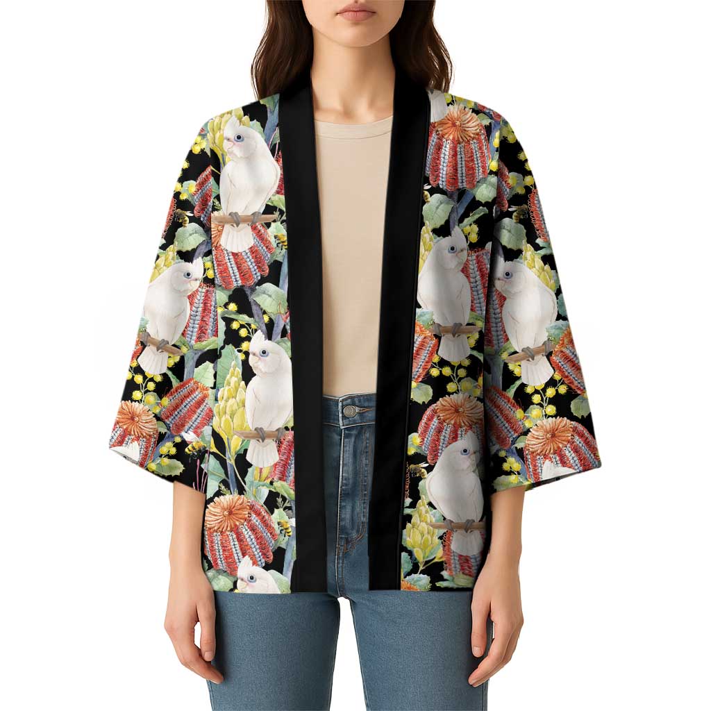 Little Corella Australia Cockatoo Kimono Cacatua Sanguinea Banksia Seamless Black - Aussie Hoodie