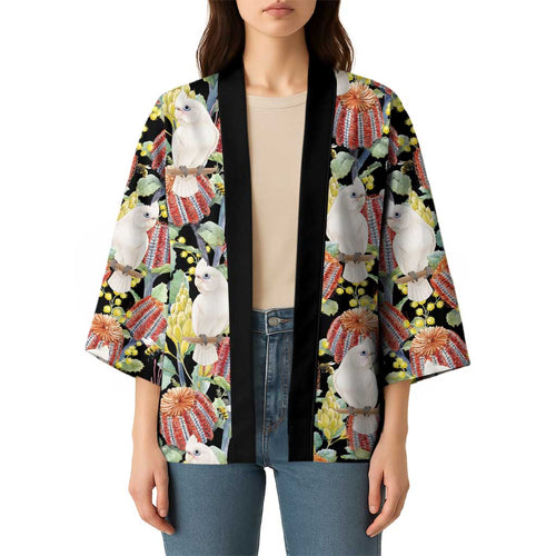 Little Corella Australia Cockatoo Kimono Cacatua Sanguinea Banksia Seamless Black - Aussie Hoodie
