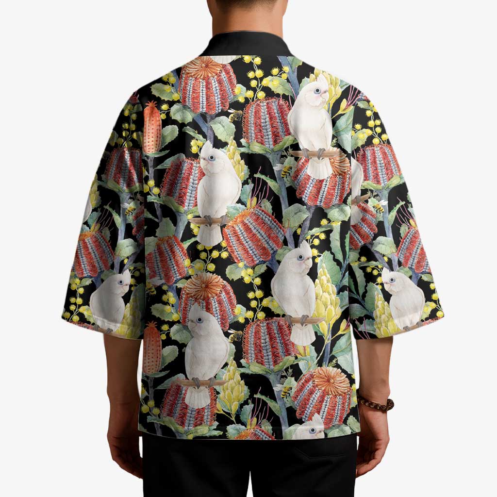 Little Corella Australia Cockatoo Kimono Cacatua Sanguinea Banksia Seamless Black - Aussie Hoodie