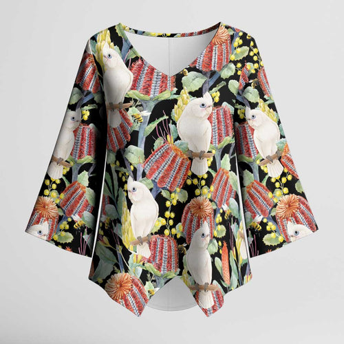 Little Corella Australia Cockatoo Kimono Sleeve Blouse Cacatua Sanguinea Banksia Seamless Black - Aussie Hoodie