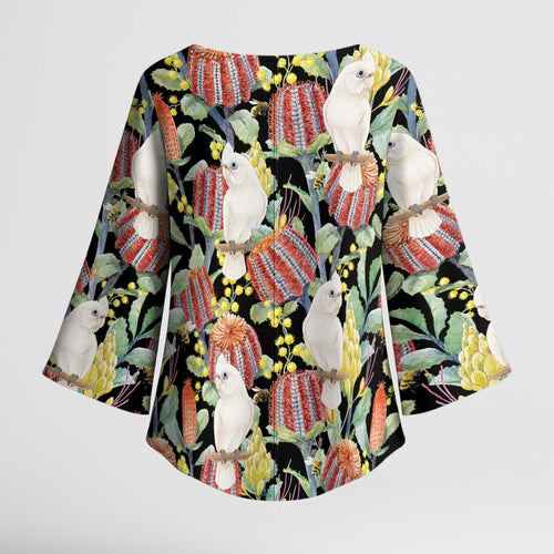 Little Corella Australia Cockatoo Kimono Sleeve Blouse Cacatua Sanguinea Banksia Seamless Black - Aussie Hoodie