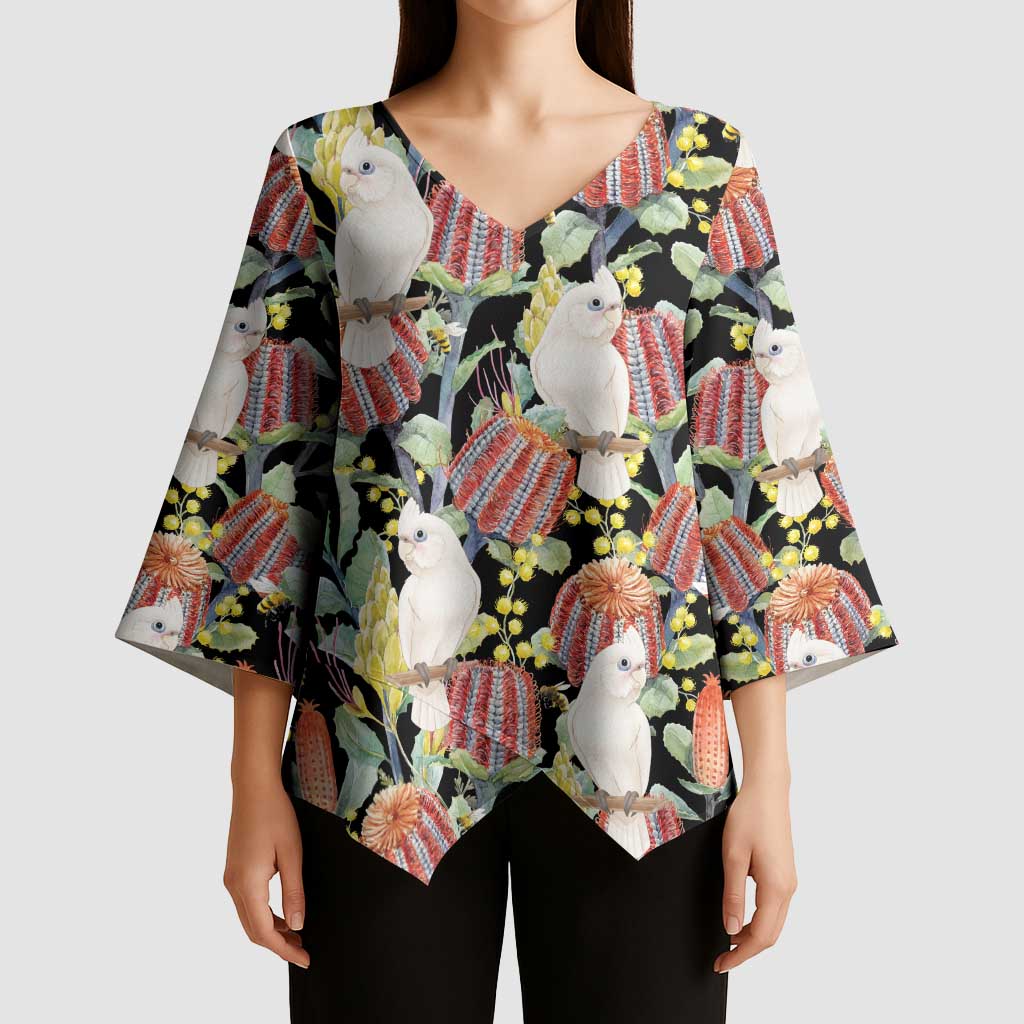 Little Corella Australia Cockatoo Kimono Sleeve Blouse Cacatua Sanguinea Banksia Seamless Black - Aussie Hoodie