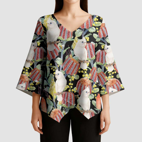 Little Corella Australia Cockatoo Kimono Sleeve Blouse Cacatua Sanguinea Banksia Seamless Black - Aussie Hoodie