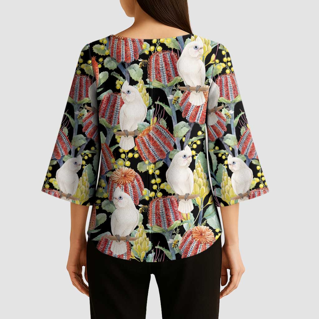 Little Corella Australia Cockatoo Kimono Sleeve Blouse Cacatua Sanguinea Banksia Seamless Black - Aussie Hoodie