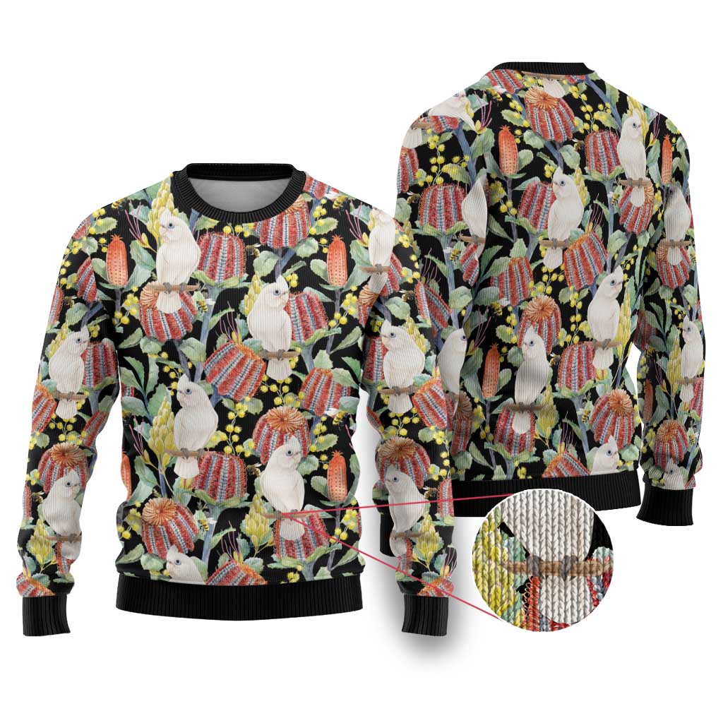 Little Corella Australia Cockatoo Ugly Christmas Sweater Cacatua Sanguinea Banksia Seamless Black - Aussie Hoodie