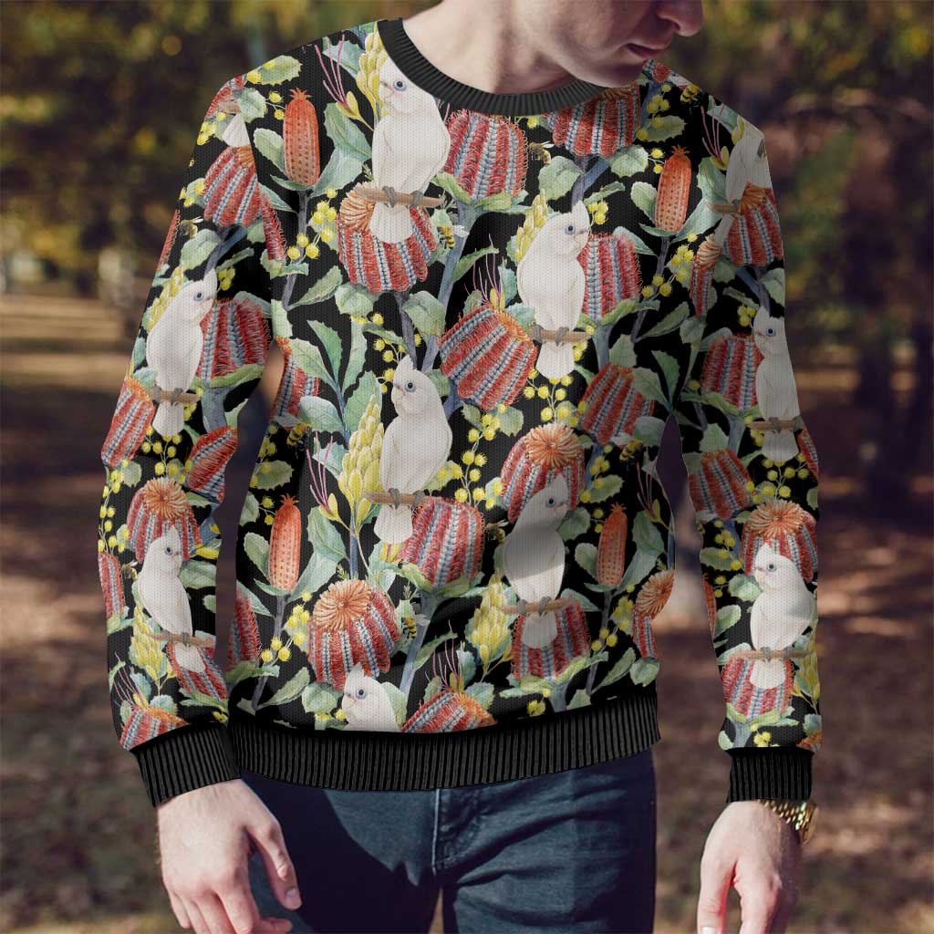 Little Corella Australia Cockatoo Ugly Christmas Sweater Cacatua Sanguinea Banksia Seamless Black - Aussie Hoodie
