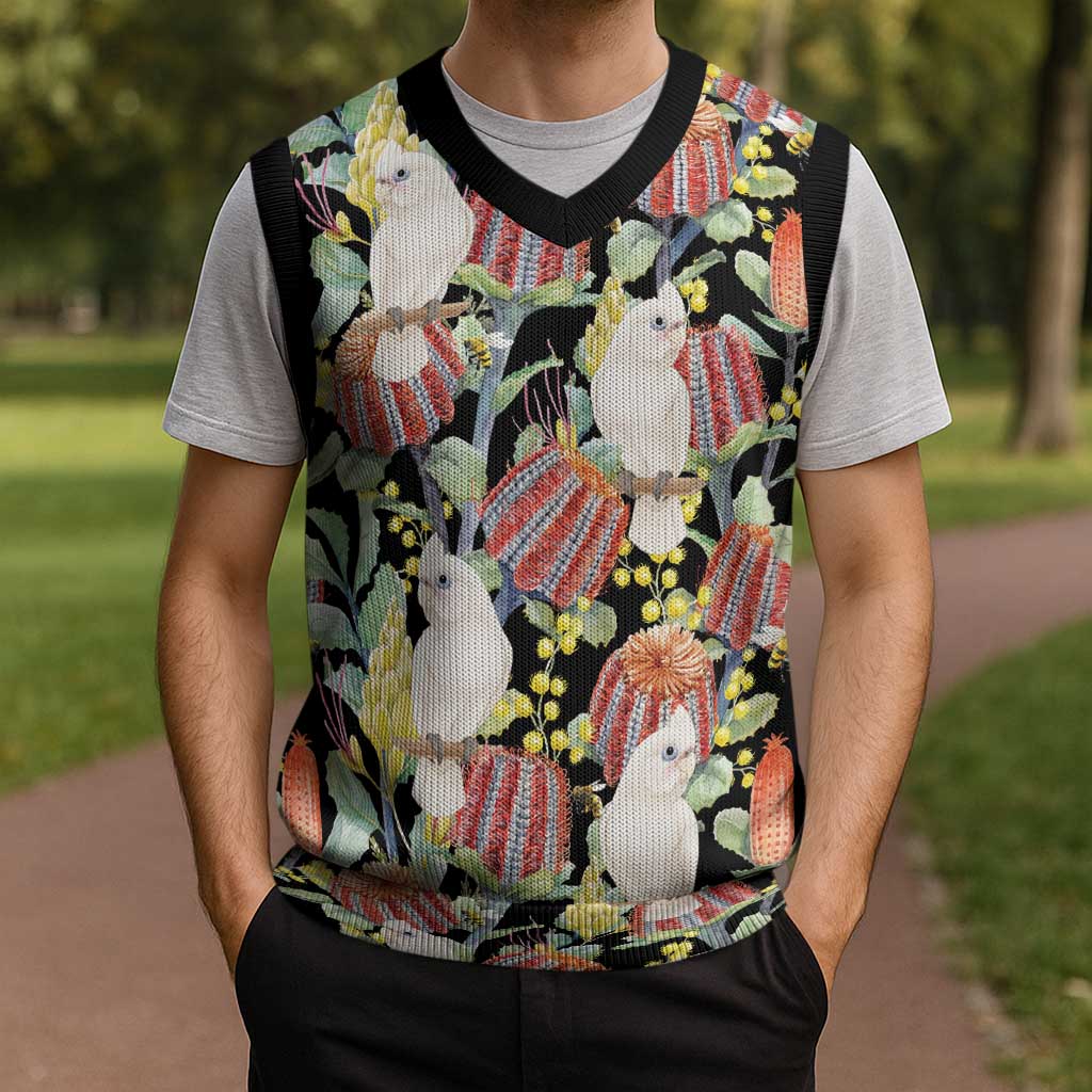 Little Corella Australia Cockatoo Christmas Knitted V-Neck Vest Cacatua Sanguinea Banksia Seamless Black - Aussie Hoodie