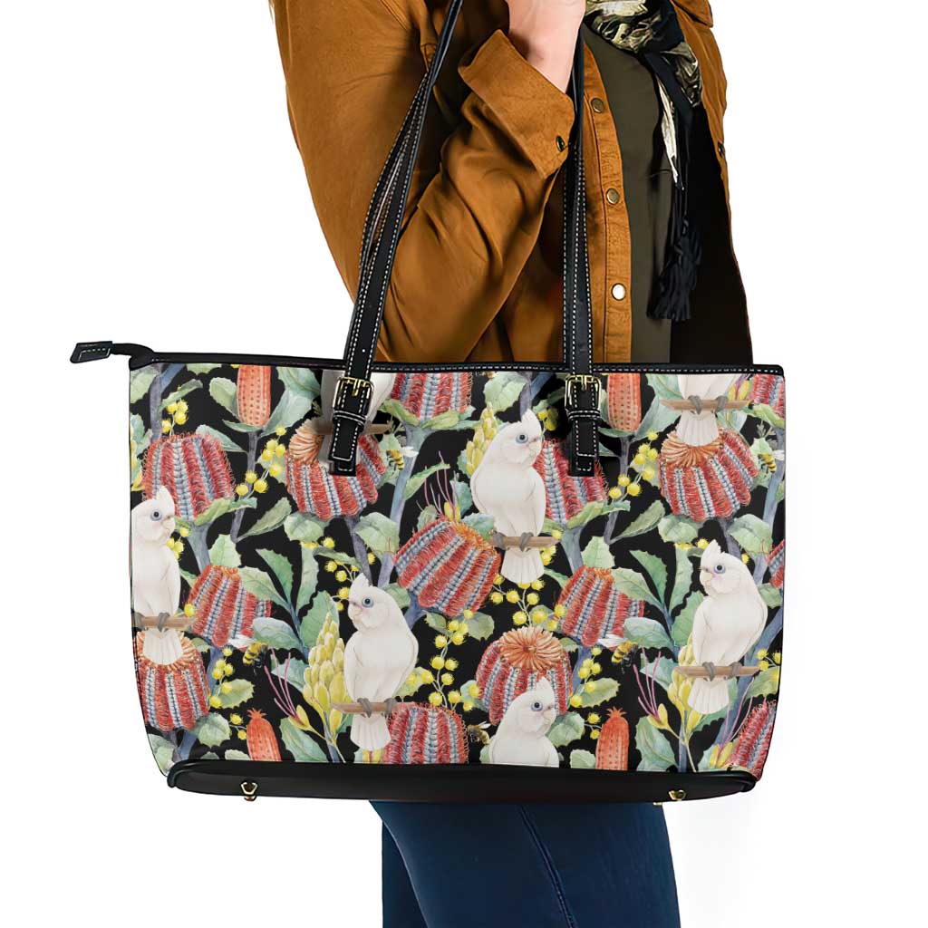 Little Corella Australia Cockatoo Leather Tote Bag Cacatua Sanguinea Banksia Seamless Black - Aussie Hoodie