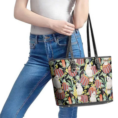 Little Corella Australia Cockatoo Leather Tote Bag Cacatua Sanguinea Banksia Seamless Black - Aussie Hoodie