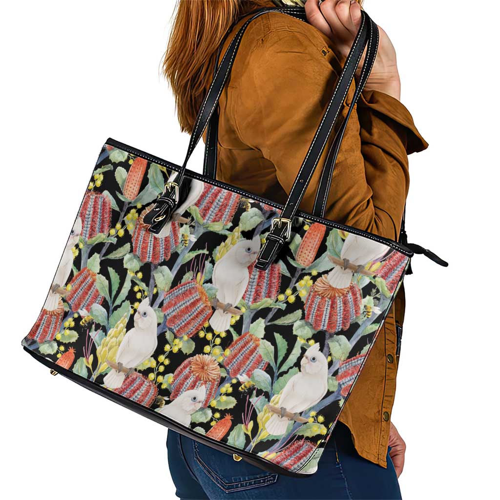 Little Corella Australia Cockatoo Leather Tote Bag Cacatua Sanguinea Banksia Seamless Black - Aussie Hoodie