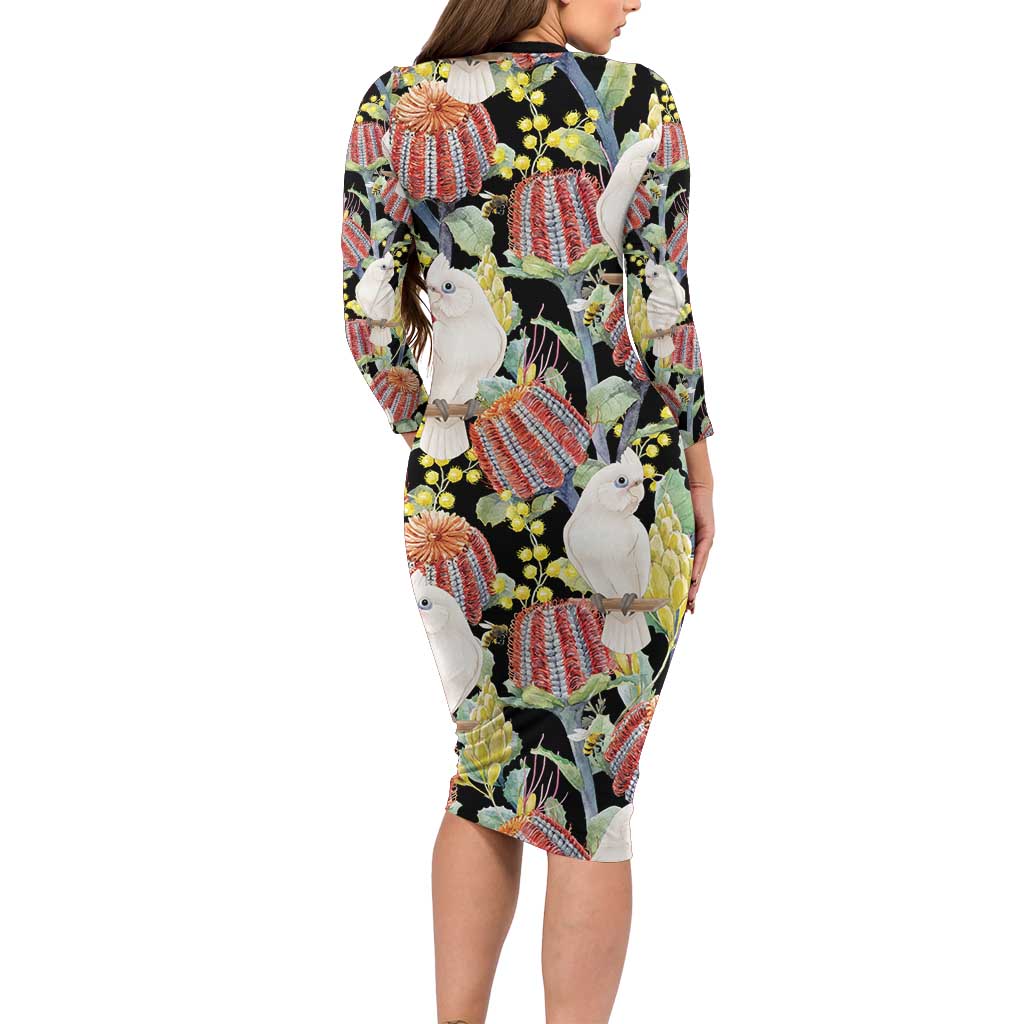 Little Corella Australia Cockatoo Long Sleeve Bodycon Dress Cacatua Sanguinea Banksia Seamless Black - Aussie Hoodie