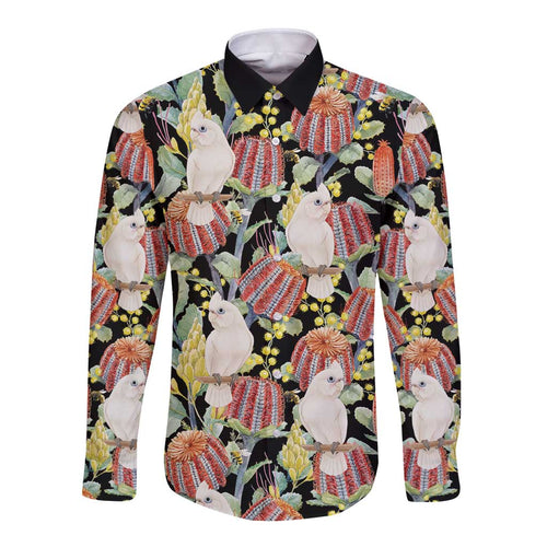 Little Corella Australia Cockatoo Long Sleeve Button Shirt Cacatua Sanguinea Banksia Seamless Black - Aussie Hoodie