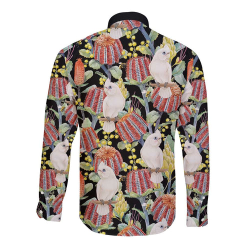 Little Corella Australia Cockatoo Long Sleeve Button Shirt Cacatua Sanguinea Banksia Seamless Black - Aussie Hoodie