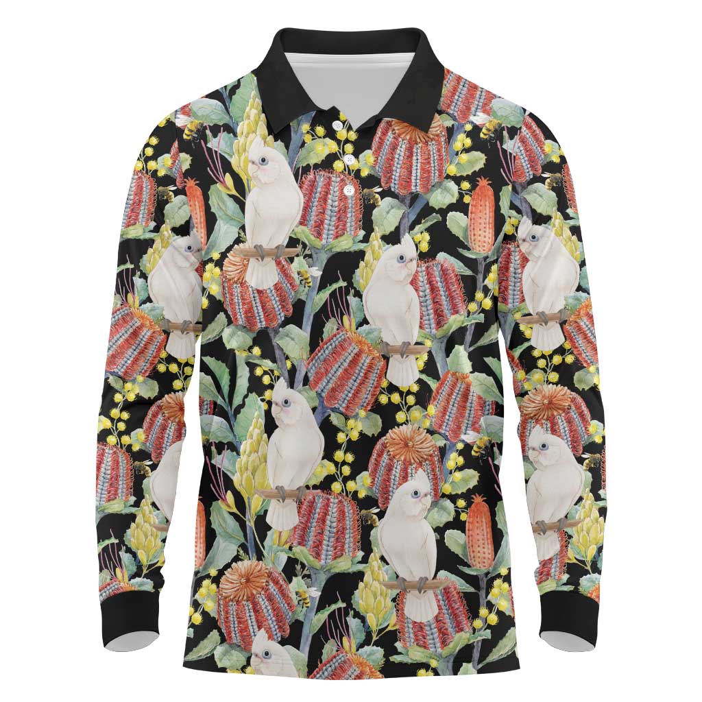 Little Corella Australia Cockatoo Long Sleeve Polo Shirt Cacatua Sanguinea Banksia Seamless Black - Aussie Hoodie