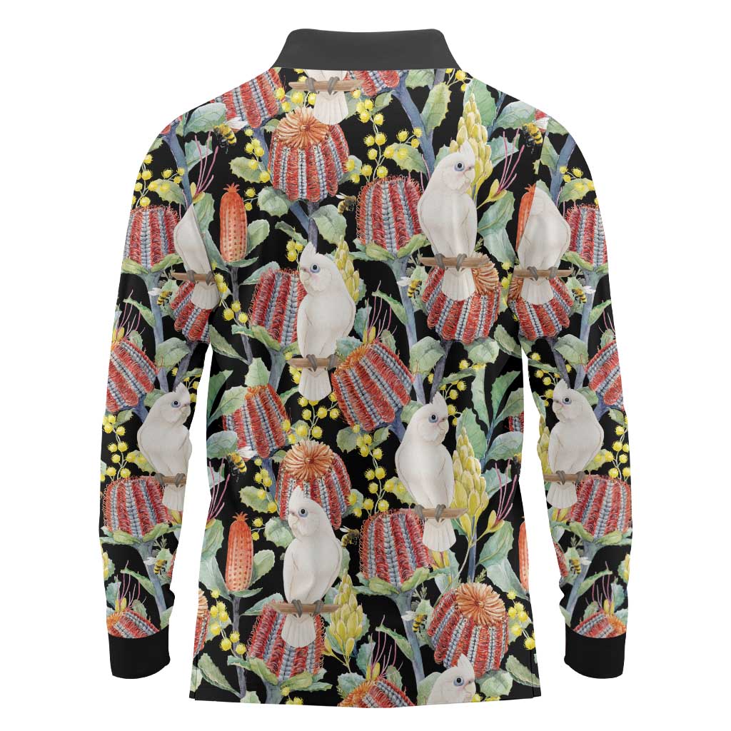 Little Corella Australia Cockatoo Long Sleeve Polo Shirt Cacatua Sanguinea Banksia Seamless Black - Aussie Hoodie