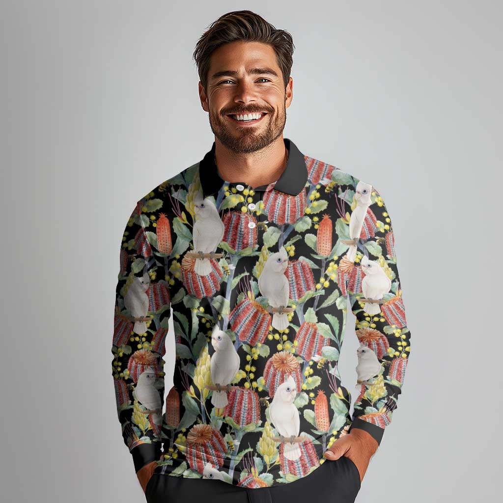 Little Corella Australia Cockatoo Long Sleeve Polo Shirt Cacatua Sanguinea Banksia Seamless Black - Aussie Hoodie